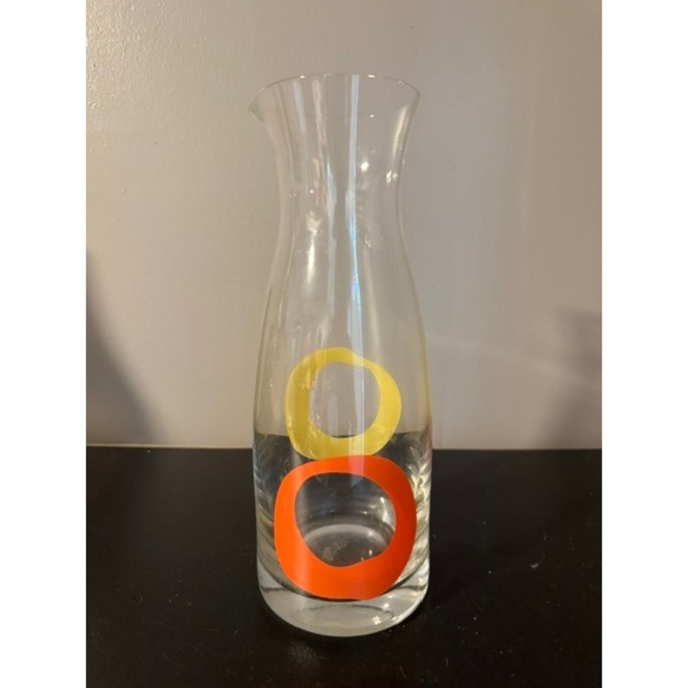 Vintage Mid Century Modern Glass Carafe Orange Yellow Circles Retro Pitcher 10"